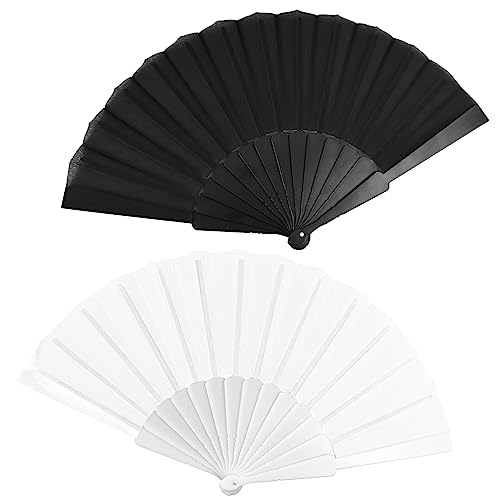 2Pcs Hand Fan Folding Fabric Hand Fan Chinese Spanish Foldable Hand Fan Handheld Folding Kung Fu Tai Chi for Women Line Dance Cosplay Props Wedding Summer Festival Party Decorations Gifts White Black