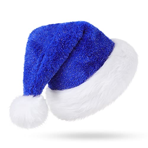 CITÉTOILE Gorro de Navidad azul para adultos, gorro de Papá Noel de lujo para hombres y mujeres con forro suave de lujo sombreros de Papá Noel adornados con seda plateada brillante Cover