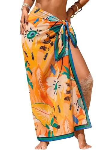 Herseas Womens Bathing Suit Cover Up High Slit Chiffon Wraps One Size Swimsuit Coverups 2026 Summer Tropical Floral Print Sheer Sarong Chic Flattering Resort Outfits Teen Girls