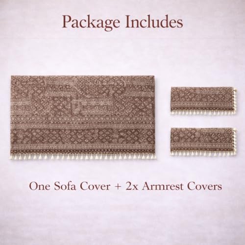 Image of STITCHNEST 'Artisoul Series' Chenille Sofa Cover 2 Seater with 2 Hand Rest Covers | Premium Heavy Fabric, Washable & Fade Resistant | Beige Star Sofa Protector with Tassels | Size 48x30 Inch