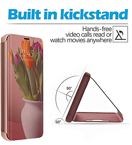 Mrsterus Phone Case Galaxy A52 5G Case Slim Luxury Clear View Plating Mirror Shockproof Anti-Scratch Flip Kickstand Full Body Protective Cover For Galaxy A52 5G Mirror:rose Gold Qh #TOP2