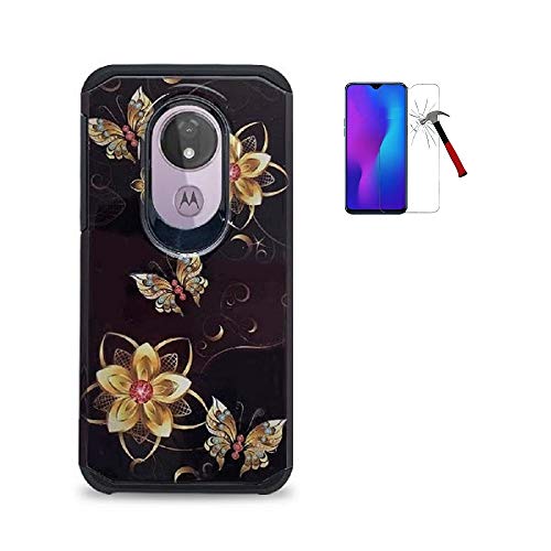 Compatible Case for Moto g7 Optimo Maxx, Phone Case for Moto G Power 7th Gen/Motorola Moto G7 Power XT1955 /Moto G7 Supra, Shockproof Slim Hard Cover Case (Black_Gold Butterfly - Tempered Glass)