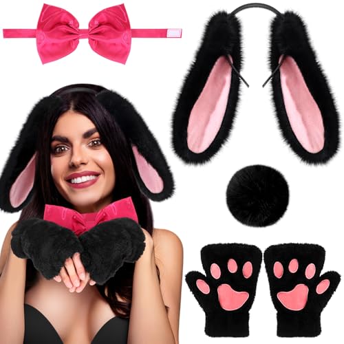Maiteenly Women Bunny Costume Accessories Set Lop Eared Rabbit Ears Tail Gloves Bow Tie for Adult Halloween Cosplay Outfit(Black and Pink)