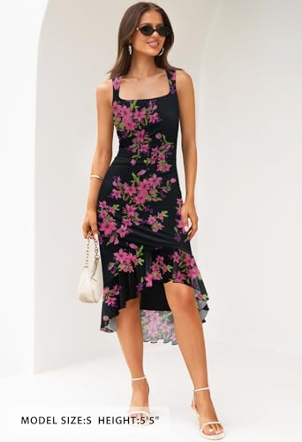 MEROKEETY Women's Summer Floral Bodycon Dress Square Neck Sleeveless Ruffle Hem Cocktail Mesh Midi Dress4