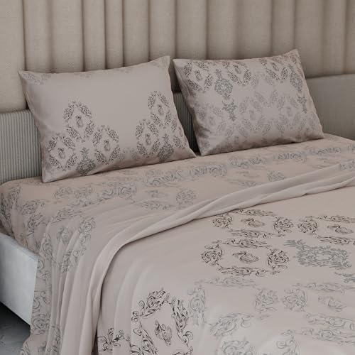 Image of BLISSHOME Everlast 150TC King Size Printed Bedsheet with 2 Pillow Covers for Double Bed, Aesthetic Bedding, Wrinkle Resistant, 100+ Wash Durable, Quick Dry, Ornate Design - Champagne (228cm x 274cm)
