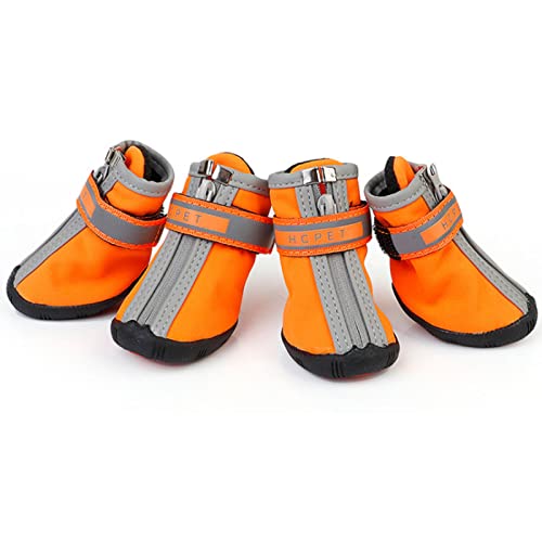 7HAHA3 wasserdichte Hundeschuhe für Kleine Mittlere Haustierstiefel rutschfeste Schuhe mit Reflektierenden Streifen Pfotenschutz für Den Außenbereich,Orange,5(5.3cm13kg)