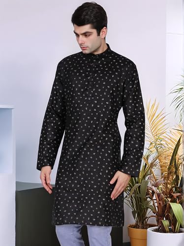 Image of SKAVIJ Kurta for Men Printed Cotton Long Sleeve Straight Tunic (Black, X-Large)