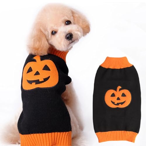 Knitted Pumpkin Dog Halloween Costume - Jumper Sweater for Small, Medium & Large Dogs - Funny Party Outfit for Cats & Puppies - Black