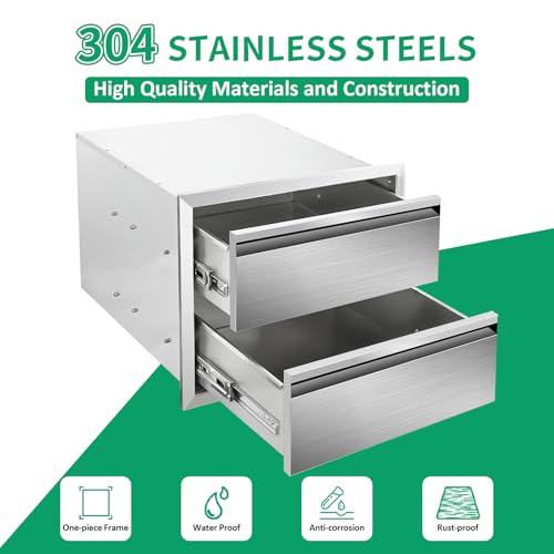 Image of Outdoor Kitchen Drawers 18 inch W x 15 inch H x 23 inch D Stainless Steel Double Drawers with Hidden Handle for BBQ Island, Patio Grill Station & Outdoor Kitchen Cabinets