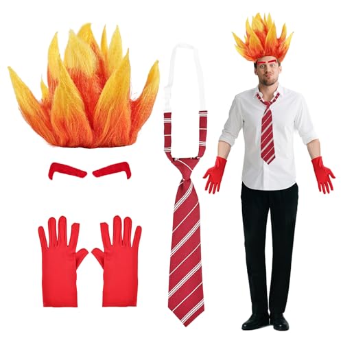 whitefeather 4 Pcs Halloween Angrys Costume Accessories Set Included Flame Wig Tie Elbow Gloves For Men Dress UP
