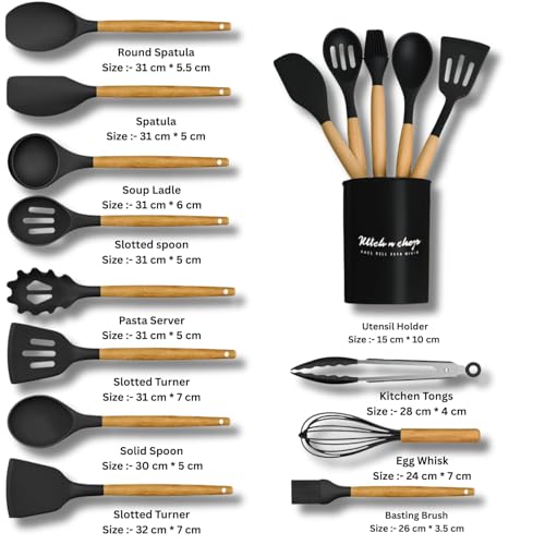 Image of Premium Silicone Kitchen Spatula Set for Cooking | Heat Resistant Spatula for Non Stick Pan with Wooden Handle & Holder | Steel Core Silicone Spatula | Non-Stick Kitchen Utensils Set (12 Pcs)
