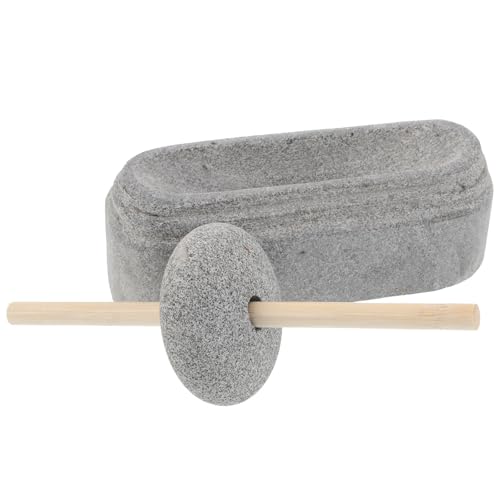 Mortero y molinillo manual de piedra refinada Artibetter con soporte de madera noble