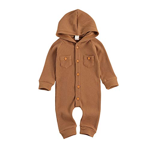 Baby Boys Jumpsuit Hoodie Romper Waffle Knit Button Long Sleeve One Piece Outfits Warm Clothes (A Khaki, 6-12 Months)