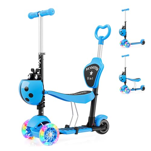 YOLEO 5-in-1 Toddlers Scooter with Removable Basket Flashing Wheels Comfortable Backrest Height-Adjustable Handlebar Seat Push Bar for 2+