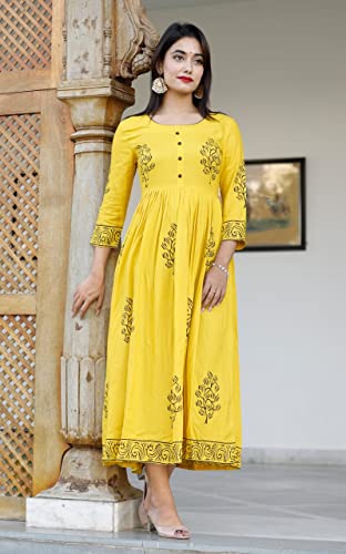 Image of TARANJAL Women's Rayon Anarkali Hand Block Printed Kurti