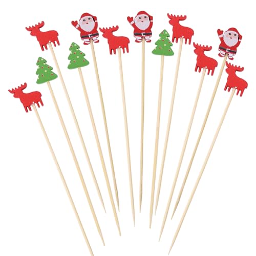 Catelves - Catelves Weihnachten Cocktailspieße, 100 Stück Weihnachten Spieße Fingerfood, Weihnachten Holzspieße 13cm Partyspieße, Weihnachtsbaum Zahnstocher Holz Cocktail Deko, Obstspieße Partypicker Käsespieße
