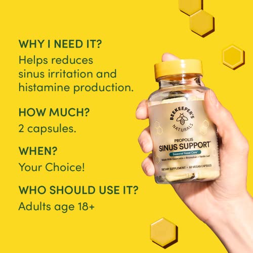Beekeeper's Naturals All Natural Sinus Support For Adults, Seasonal Nasal Care Relief With Propolis, Quercetin, Bromelain, Nettle Leaf, & Vegan Capsule, Blocks Or Suppresses Histamine, 60 Ct #TOP3