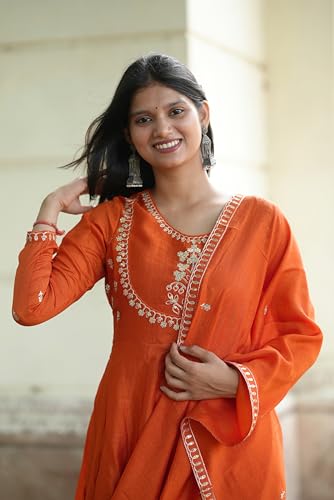 Image of MOKOSH Women's Silk Embroidery Anakrali Kurta Pant with Dupatta | Anarkali Kurta Set | Round Neck Full Sleeve Ethnic Suit | Floral Kurta 7 Colour Option Available | 3 Piece Outfit