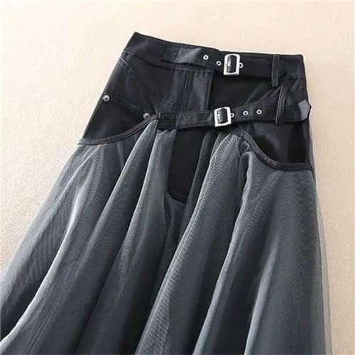 Women Vintage Black A-Line Skirt Tulle Patchwork Mesh Bohemian Loose Midi Party Skirts2