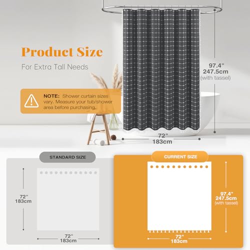 Image of BTTN Extra Long Shower Curtain - 72x96 Inch Long Boho Chic Linen Fabric Heavy Duty Shower Curtain Set with Hooks, Tall Bohemian Farmhouse Shabby Chic Shower Curtains for Bathroom - Charcoal Grey /Gray