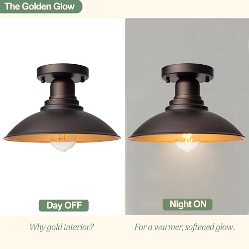 Image of GOLDHILL 10.5 inch Low Profile Semi Flush Mount Ceiling Light, Modern Farmhouse Metal Fixture with Gold Interior, Damp Rated Outdoor Porch Light for Bathroom & Hallway