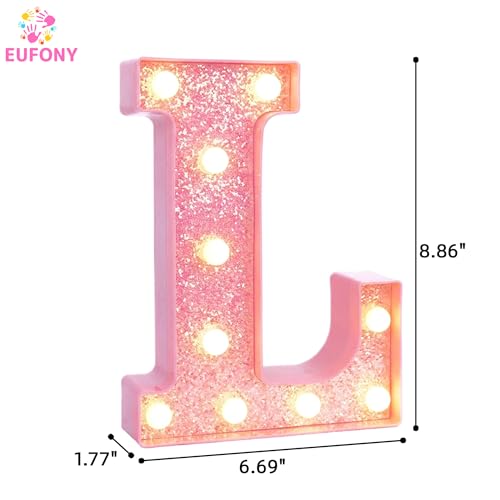 Image of Pink Marquee Light Up Letters, Glitter Alphabet LED Letter Lights for Pink Birthday Party Decorations, Battery Operated Letter Sign for Girls Room Vanity Table Decor, Warm White Lights Letter L