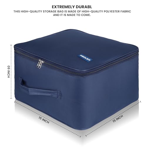 Image of M MEDLER Adex Nylon Wardrobe Organizer Bag | Moisture-Proof Clothes Storage Box & Saree Cover with Zipper & Handle | Square | Blue | 38x38x24 cm - PACK OF 3