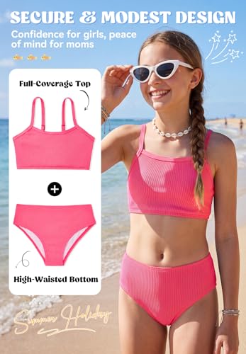 Image of Zando 2 Piece Ribbed Swimsuits for Teen Girls Kids Size 6-15 Years High Waisted Solid Cute Bikini for Summer Beach Wear