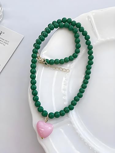 Heart Necklaces For Women, Green Beaded Pink Heart Pendant Choker Necklace Summer Y2K Cute Statement Trendy Dainty Non Tarnish Waterproof Jewelry Gift3
