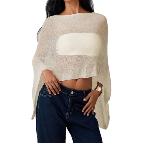 Women's Loose Sheer Poncho Shrug Crochet Knit Batwing Flowy Tops Beach Blouse Shrug Pullover Sweater
