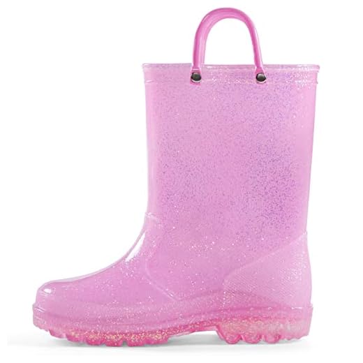 K KomForme Botas de chuva infantis, botas impermeáveis com glitter para meninas com alças fáceis de calçar, rosa, 8 Toddler