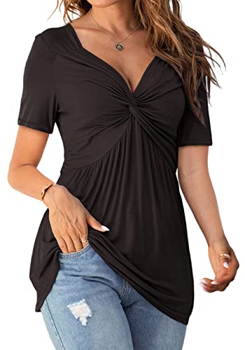 Image of Tankaneo Womens Front Knotted V-Neck Blouse T Shirt Short Sleeve Oversized Tunic Tops Summer Solid Pullover Tees