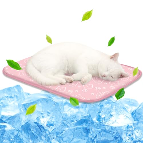 NWK Pet Cooling Mat -Q-Max>0.345 Ice Silk Cooling Mat for Dogs & Cats Portable & Washable Pet Cooling Blanket Car Seats Beds for Summer (Pink Cat 20 X 16 X 0.3)