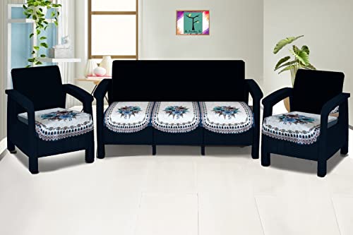 Image of The Furnishing Tree Velvet Floral Pattern 5 Pieces Bottom only 5 Seater Sofa Cover Set Blue