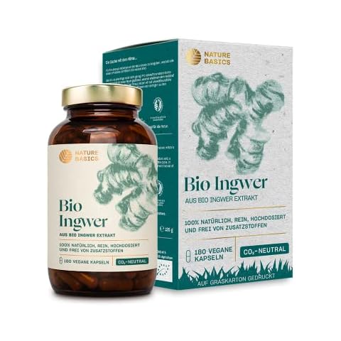 Nature Basics® Organic Ginger in a Jar | additive-Free & CO-Neutral | 180 Vegan Capsules | 600mg per Daily dose | Highly dosed & with Natural gingerols | Sustainable Cover