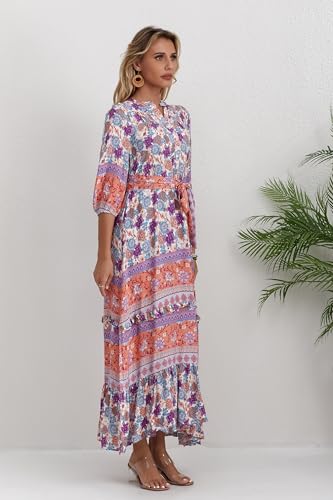 Image of Women Boho High-Waist Floral Print Maxi Dress 3 /4 Sleeve Casual | Soft Rayon, Breathable, Quick-Dry. High-Waist with Adjustable Belt, Flattering Hem. Ideal for Beach, Work & Dating.