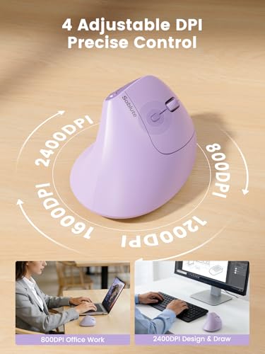 Image of SABLUTE Ergonomic Mouse, Rechargeable Wireless Vertical Mouse with 4 Adjustable DPI Options, Dual-Device Connectvity for Computer /PC /Laptop,Bluetooth Mouse for Window,Mac OS,Purple