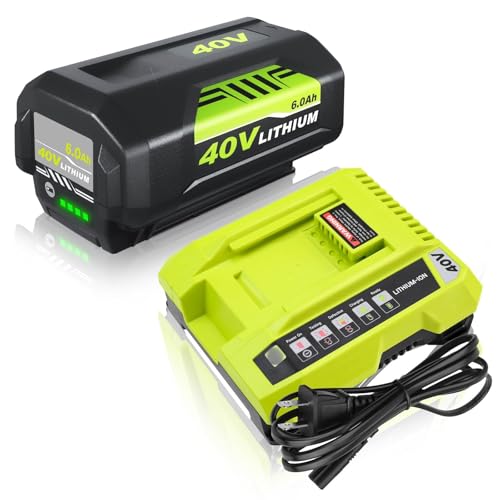 Enermall 1Pack 6.0Ah Replacement for Ryobi 40V Battery Lithium Ion and OP401 Charger Compatible with Ryobi 40 Volt Battery OP4026 OP4050A OP4040 OP4030 Replacement for 40V OP401 Charger (Green)