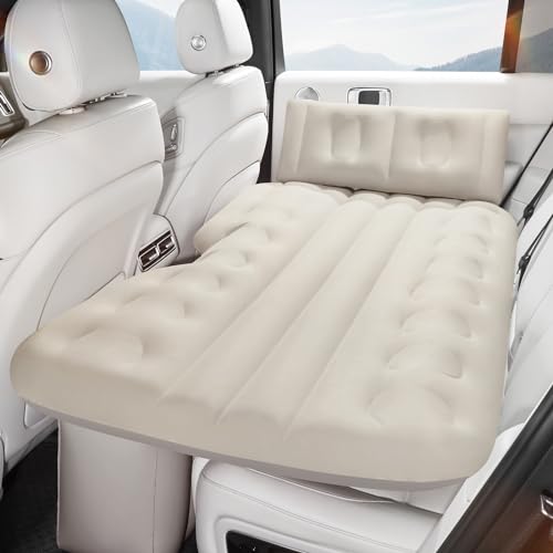 Inflatable Car Air Mattress for Back Seat & SUV - All-in-One Design with Built-in Pump & Pillow, Quick 1-Key Inflation/Deflation, Comfort Portable Bed for Camping, Travel, Trucks | Beige