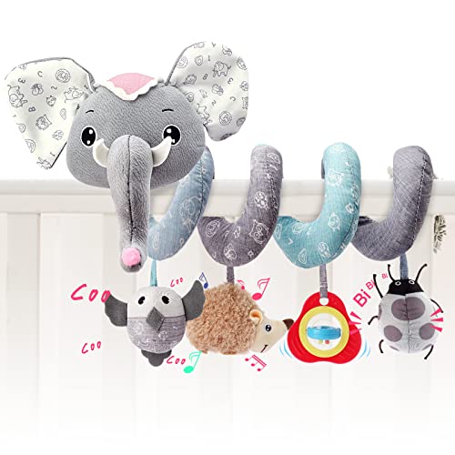 JERICETOY Baby Car Seat Stroller Toys - Infant Activity Spiral Plush Hanging Toys with Music Squeaker Rattles (Elephant)