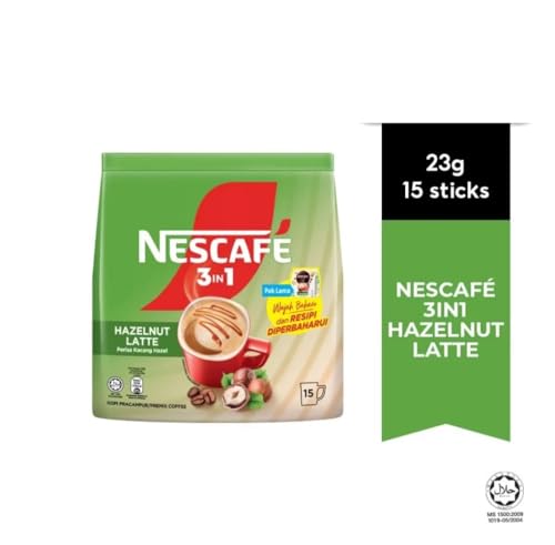 Image of NESCAFE 3-in-1 Hazelnut Latte Instant Coffee Premix, 15 Sachets Pack, Rich Creamy Blend with Roasted Hazelnut Flavor 345g (Product Of Malaysia) DECADENT FOODS