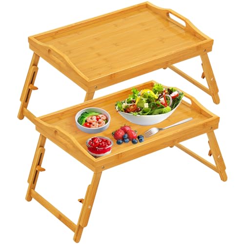 Bed Tray Table Set of 2, Bamboo Breakfast Trays with Folding Legs and Handles, Snack and Eating Lap...