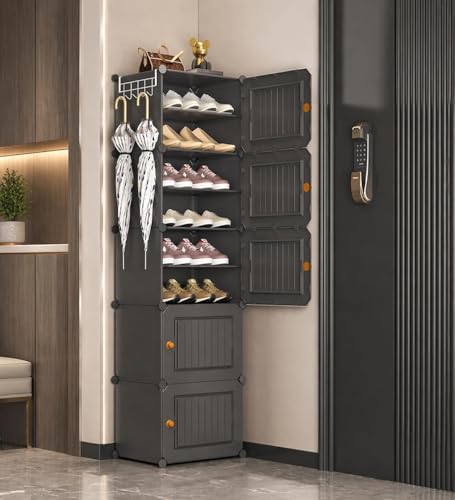 Image of Plastic Shoe Rack for Home with Door | 10-Shelf DIY Shoe Cabinet Organiser | Stores 20 Pairs | Foldable & Waterproof Shoe Stand for Entryway, Bedroom (Grey-HZ1, 10-Layer)