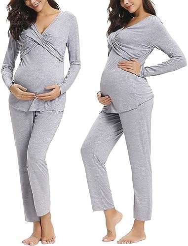 Irdcomps Stillpyjama Damen Lang Stillschlafanzug Baumwolle Umstandspyjama | Lang Schwangerschaft Pyjama Stillfunktion Nachtwäsche Langarm Winter S-XL
