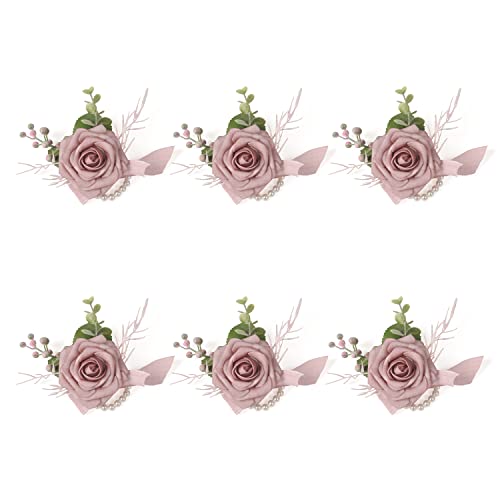 ANNKIN Dusty Rose Wrist Corsage Set of 6 for Wedding Prom Party, Artificial Flower Wrist Corsage Bracelets, Homecoming Corsage Wristlet, Corsage Flowers for Bride, Bridesmaid, Girls