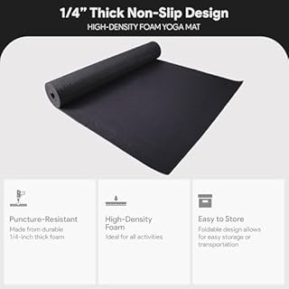 Fitvids 1/4-Inch High Density Thick Non Slip Yoga Mat with Knee Pad and Carrying Strap for Workout, Pilates, Gym Home Exercise, Black