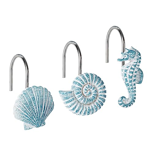 Sunlit Seashells Decorative Shower Curtain Hooks Aqua Blue Ocean Creatures Coastal Shower Curtain Rings Resin Nautical Bathroom Decoration Beach Hooks-12 Pack