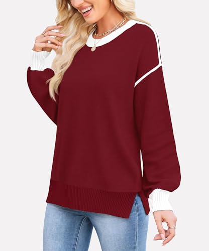 Image of WEACZZY Women Crew Neck Long Sleeve Ribbed Knit Side Slit Pullover Sweaters