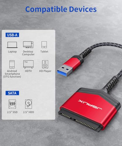 Image of JSAUX SATA to USB Adapter Cable for 2.5 inch SSD /HDD Nylon Cord-Red