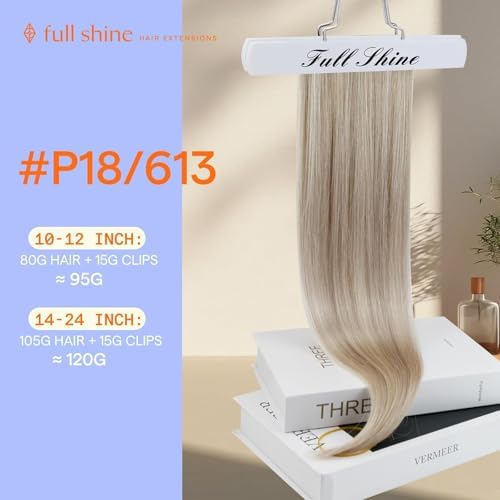 Full Shine Clip In Hair Extensions Human Hair, 18/613 Ash Blonde Highlights Bleach Blonde, 18 Inch 120 Grams 7 Pcs, Prom, Date Night, Photo Ready, Soft Waves, Seamless Volume, Full Head - 1